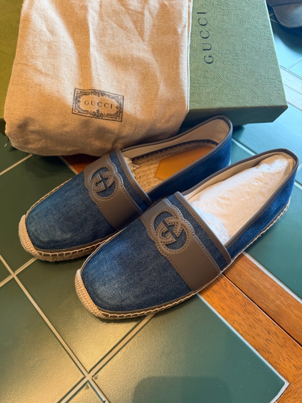 GUCCI Blue Denim Espadrille Slip-Ons with Gray Leather Trim - Picture 1 of 12